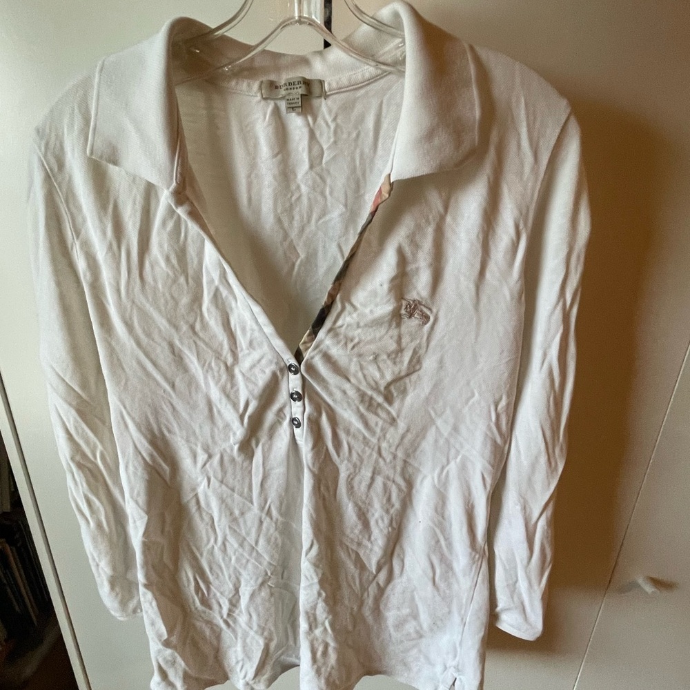 Burberry Vintage Check Collar White Cotton V Neck Polo Shirt